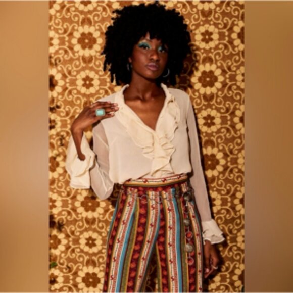 The Hippie Shake Heroes Ruffled Sheer 70's Inspired Poet Blouse UK 12/US 10
